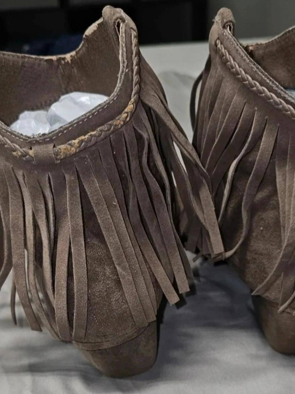 Rock & Candy Fringed Suede Ankle Boots - Taupe Brown